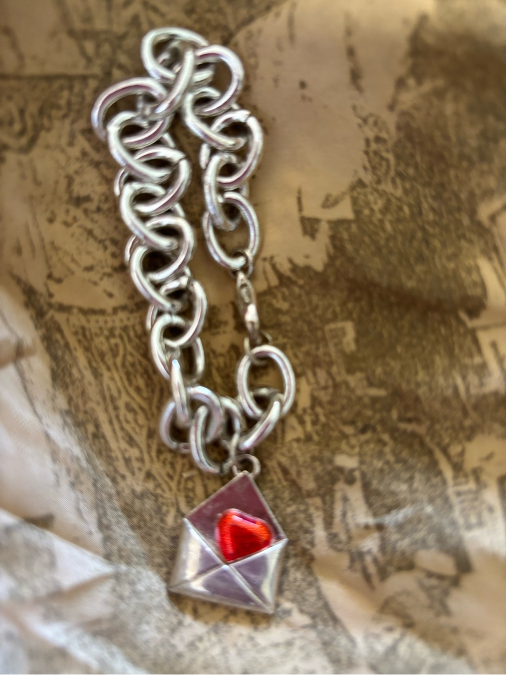 Silver Chain Bracelet with Red Heart Envelope Charm love letter rare